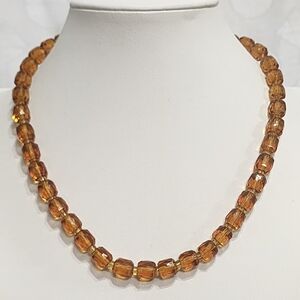 Vintage Czech Amber Glass Bead Necklace Fire Polished Faceted 16” Bohemian